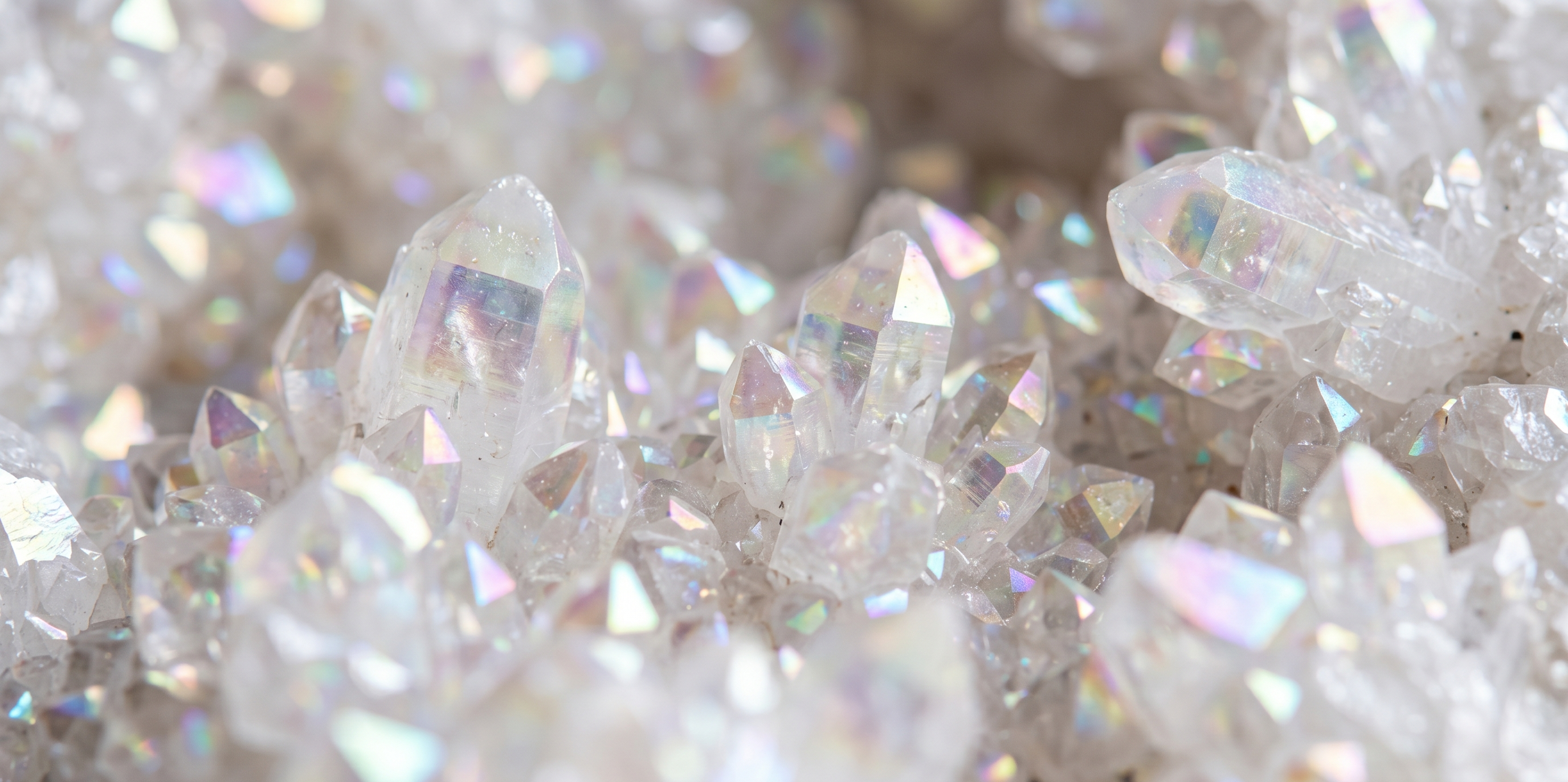 Nahaufnahme eines Bergkristall-Clusters mit Angel-Aura-Coating